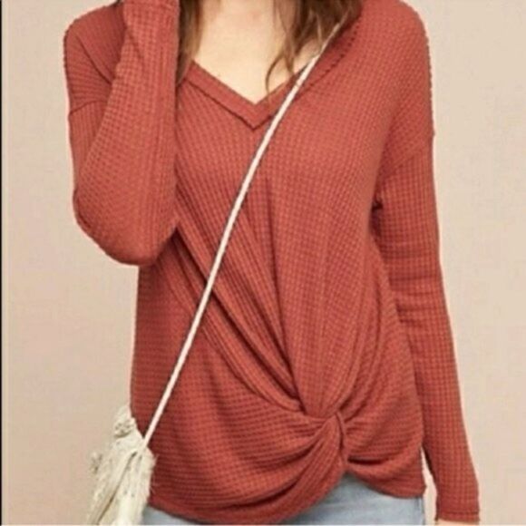 Anthropologie V-Neck Waffle Knit Tie Front Top Women's Size XS - Picture 1 of 10